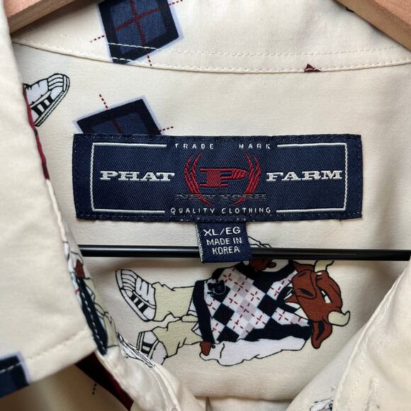 Vintage Y2K Phat Farm Men's Bull Print Long Sleeve Button Shirt Size X-Large - Picture 5 of 8